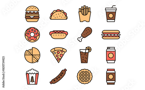 Collection of colorful fast food icons representing various meal options for quick dining and unhealthy lifestyle choices