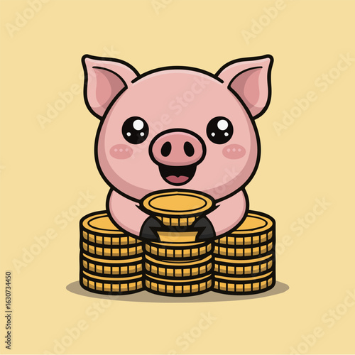 A cute cartoon pig happily holds a stack of golden coins, symbolizing saving, finance, and the joy of accumulating wealth in a delightful vector illustration