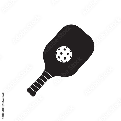 Simple silhouette of a pickleball paddle with a pickleball showing holes on a white background