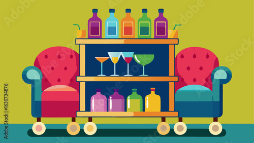 A mirrored bar cart stocked with colorful glassware nestled between two plush velvet armchairs.