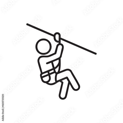 Simple line art icon of a person zip lining down a cable during an outdoor adventure activity