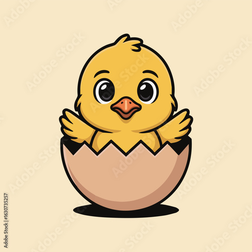 Cute cartoon chicken hatching from egg illustration, a delightful image showcasing the charm of a baby chick emerging from its shell, perfect for easter or farm themed designs