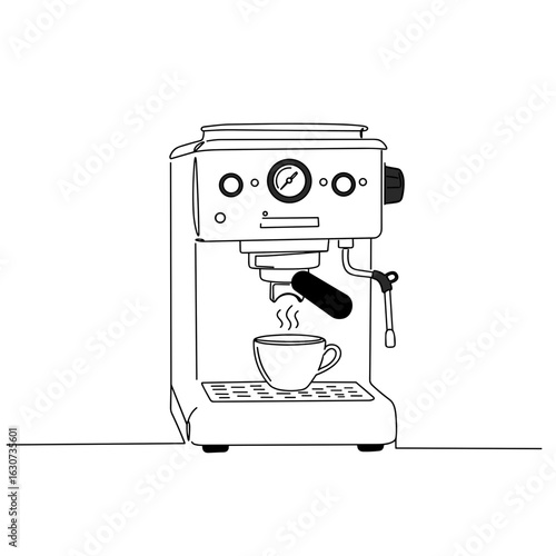 Espresso machine vector with cup and steam, minimalist outline, simple black line drawing, coffee illustration
