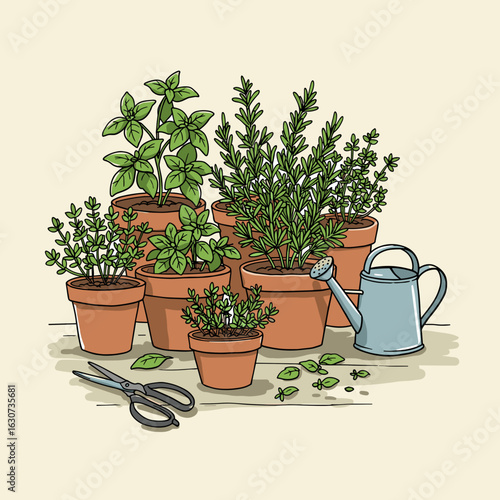 Sketch vector of kitchen herb garden with pots, scissors, and watering can, charming and playful casual doodle