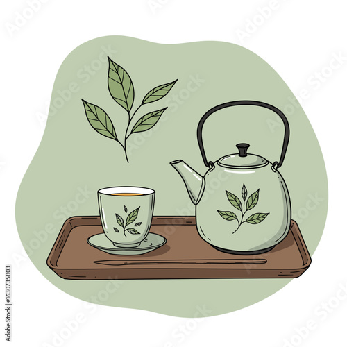 Hand-drawn vector tea ceremony set with calm and serene mood, cup, tray, kettle, and leaves in soft organic lines slow moment concept