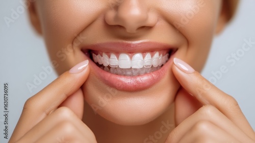 Close-up of a woman smiling with invisible aligners for teeth straightening, showing off healthy teeth.