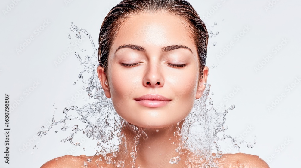 Naklejka premium Beautiful woman enjoying a refreshing water splash on her face.