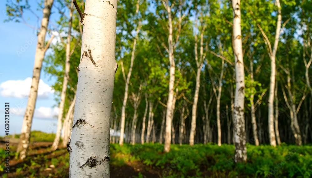Fototapeta premium Birch forest scene, sunlight filtering through leaves, focus on a single tree trunk