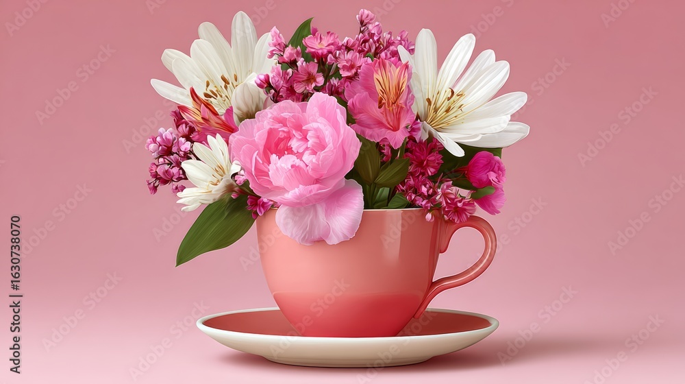 Obraz premium Beautiful pink flower arrangement is placed inside a pink cup, which is sitting on a white plate. The cup is filled with a variety of flowers, including pink and white ones