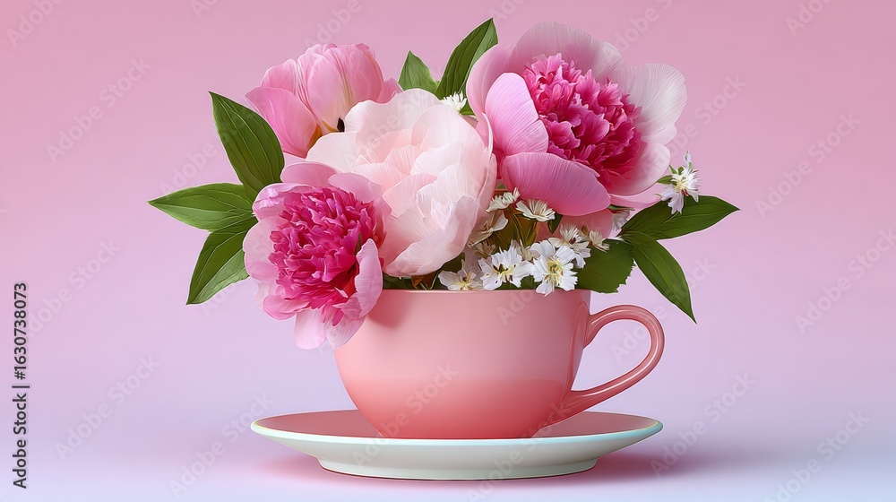 Obraz premium Pink flower arrangement in a pink cup. The flowers are pink and white