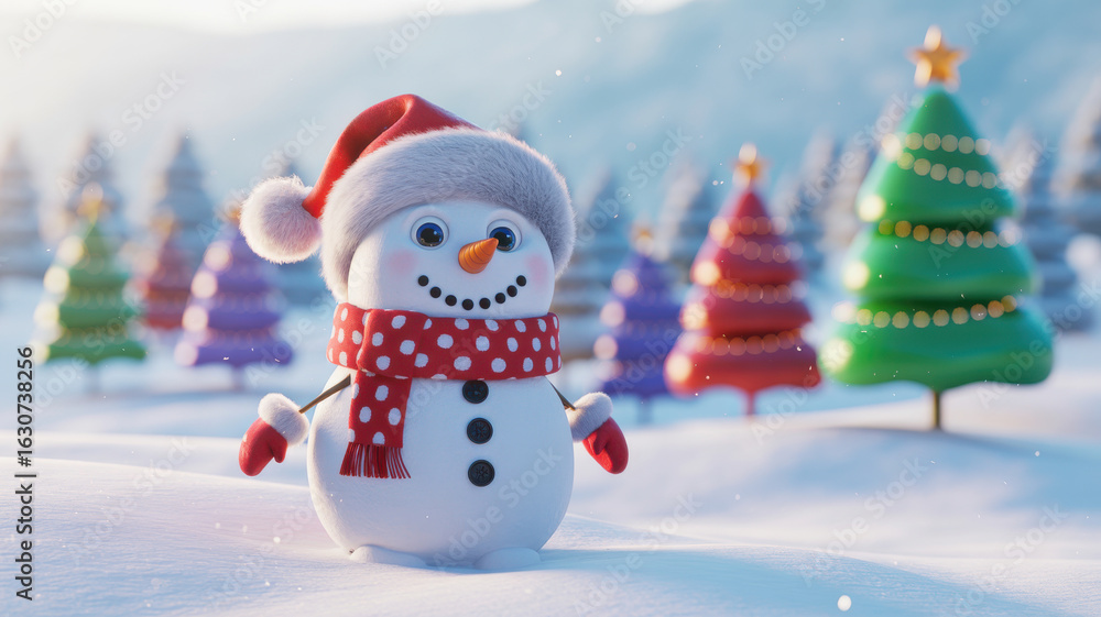 Fototapeta premium Charming cartoon snowman wearing a red santa hat and scarf in a snowy forest with decorated christmas trees