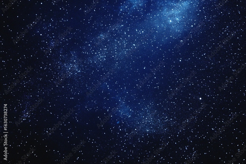 Fototapeta premium Starry sky background, blue night sky full of stars, glowing stars in the dark space, starry background, dark night, stars in the distance, starlight, dark background with a blue glow, night sky. 