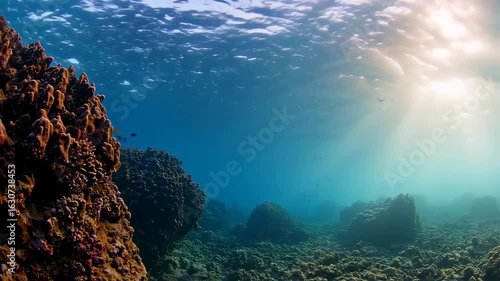 Wallpaper Mural Vibrant underwater view of sun rays illuminating a coral reef and ocean floor Torontodigital.ca
