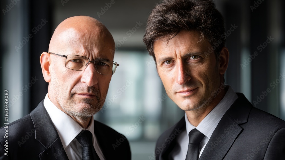 Two businessmen in formal attire exuding confidence in an office.
Two businessmen in formal attire exuding confidence in an office.