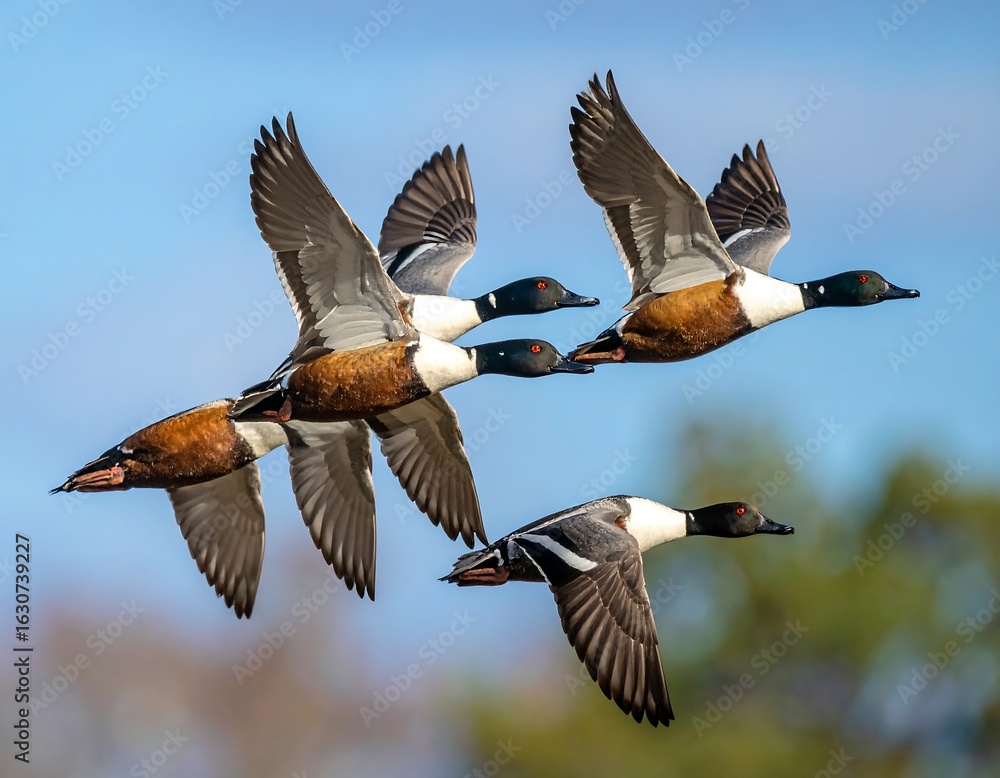 Obraz premium Four ducks soaring in a clear blue sky