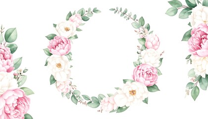 Watercolor floral wreath and bouquets of peonies and eucalyptus