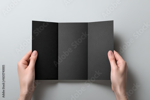 Hands holding a blank black tri-fold brochure