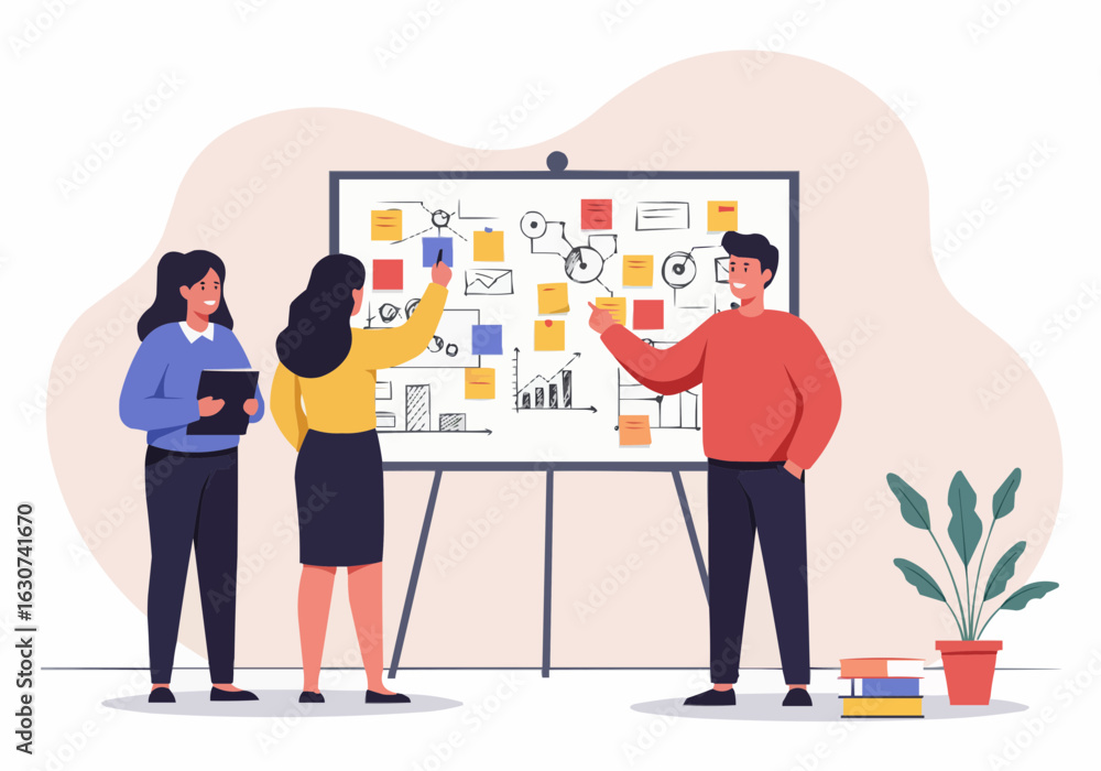 Fototapeta premium Three people collaborate on a project, using sticky notes and diagrams on a whiteboard to brainstorm ideas.