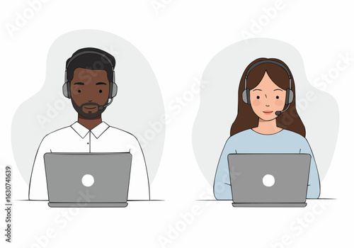 Two diverse customer service representatives seated at laptops, wearing headsets, ready for calls.
