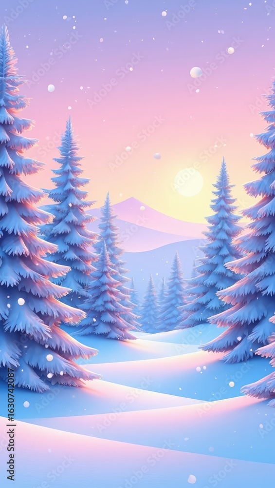 Obraz premium Tranquil snowy landscape with pink sky and frosty trees in soft pastel tones. Peaceful winter illustration. Generative AI.