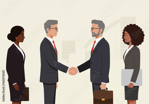 Two businessmen shaking hands, flanked by two businesswomen, symbolizing a successful business deal.