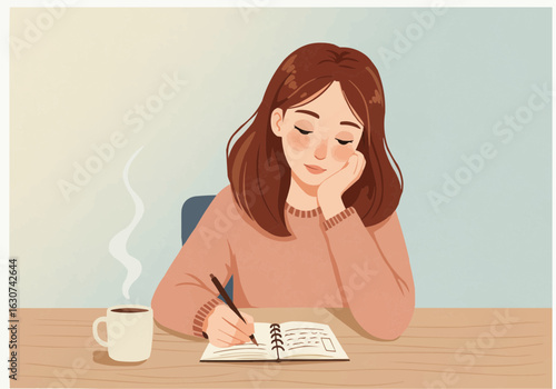 A young woman sits at a desk, writing in a notebook with a pen, a steaming mug beside her.