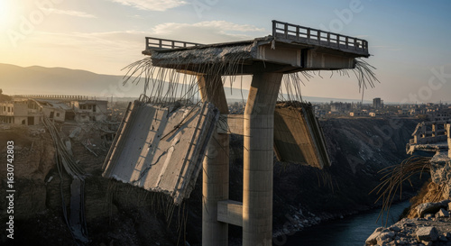 A collapsed bridge amidst a desolate urban landscape, showcasing destruction and the aftermath of structural failure