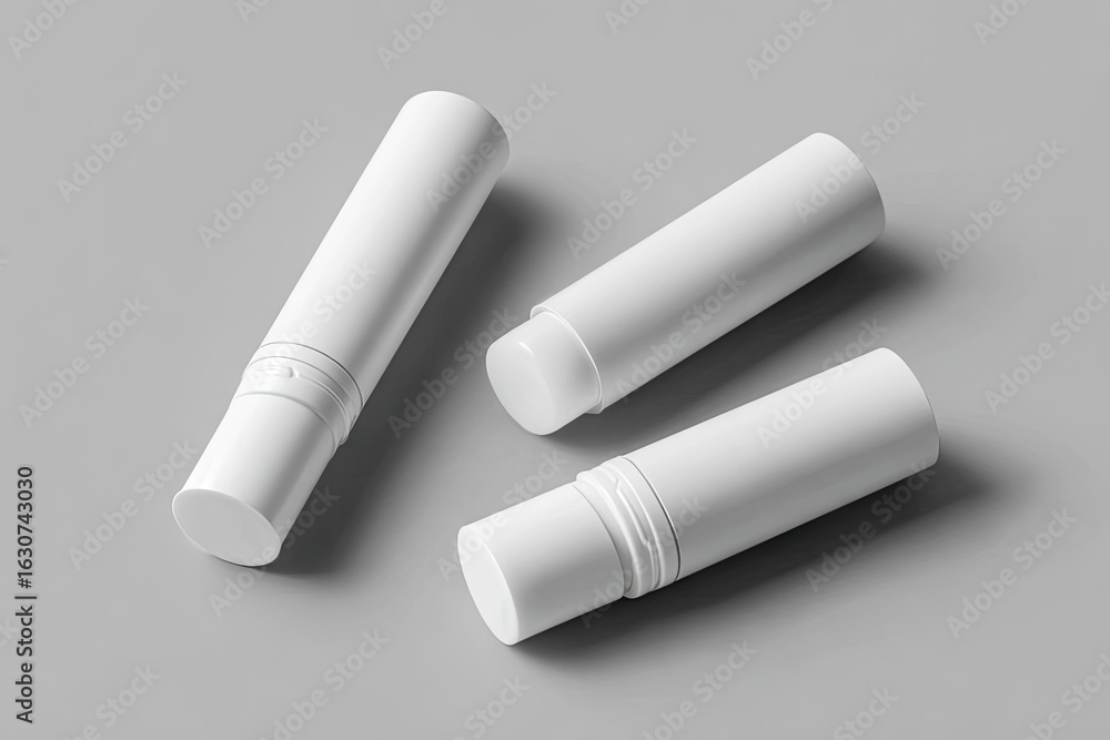 Three blank, white roll-on applicator containers lie on a neutral gray surface Three blank, white roll-on applicator containers lie on a neutral gray surface