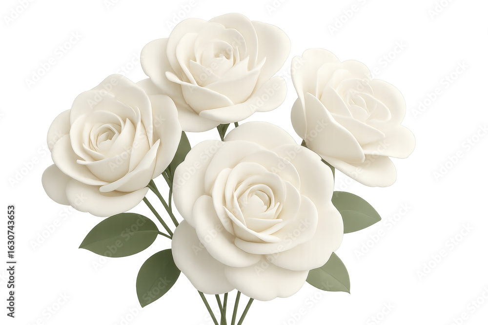 Fototapeta premium 3d rendering of a bouquet of four beautiful blooming white roses with green leaves on a transparent background