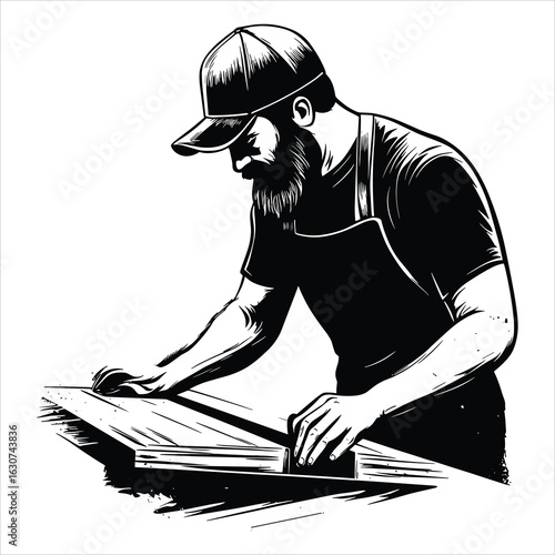 Bearded craftsman wearing a cap and apron working on wood

