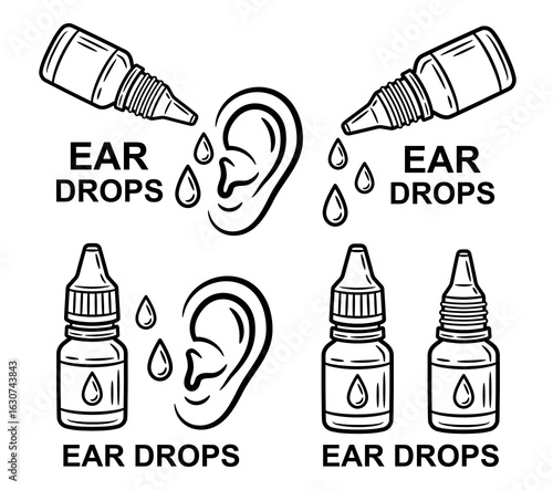 Medical ear liquid drops, medicine dropper bottle, pharmacy medication, human hearing organ health, hygiene clean, otolaryngology otitis disease treatment line icon set. Fluid drip medicament. Vector