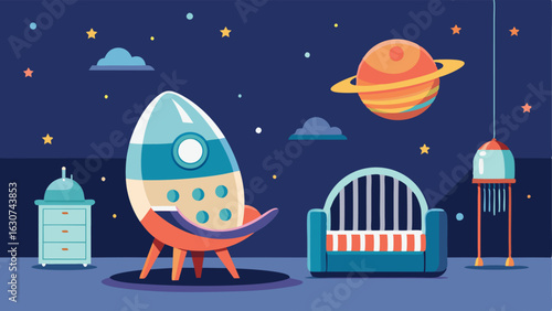 A nursery with a crib in the shape of a spaceship starry wallpaper and a modern rocking chair.