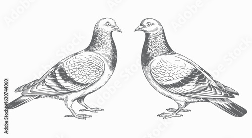 Vintage engraving illustration of two standing pigeons. Hand drawn pigeons in detailed etching style.
