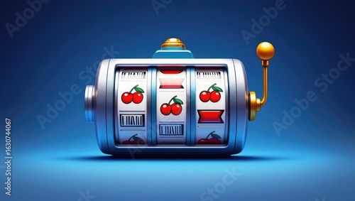 Slot machine with triple cherry symbol on a blue background. Minimalist gambling concept. Raster. Generative AI.