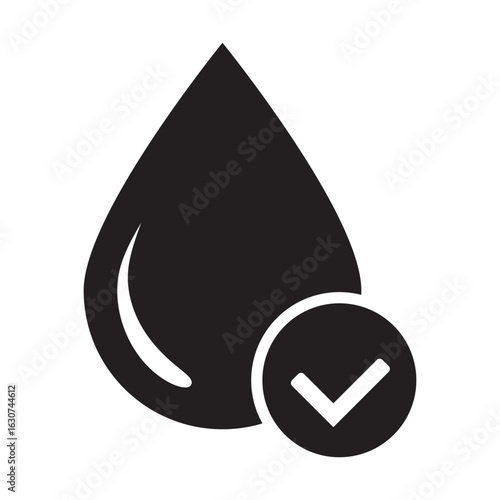 Water quality approved icon. Liquid drop and a check mark symbolizing pure clean and tested drinking water for consumption.