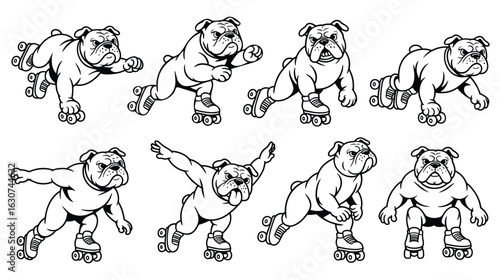Bulldog Poses On Roller Skates Line Art Collection skating rollerblading