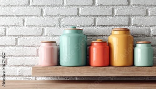 Colorful storage jars on a wooden shelf against a white brick wall