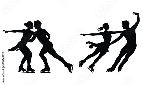 Two pairs of black silhouette figure skaters in motion on white figure skating ice skating