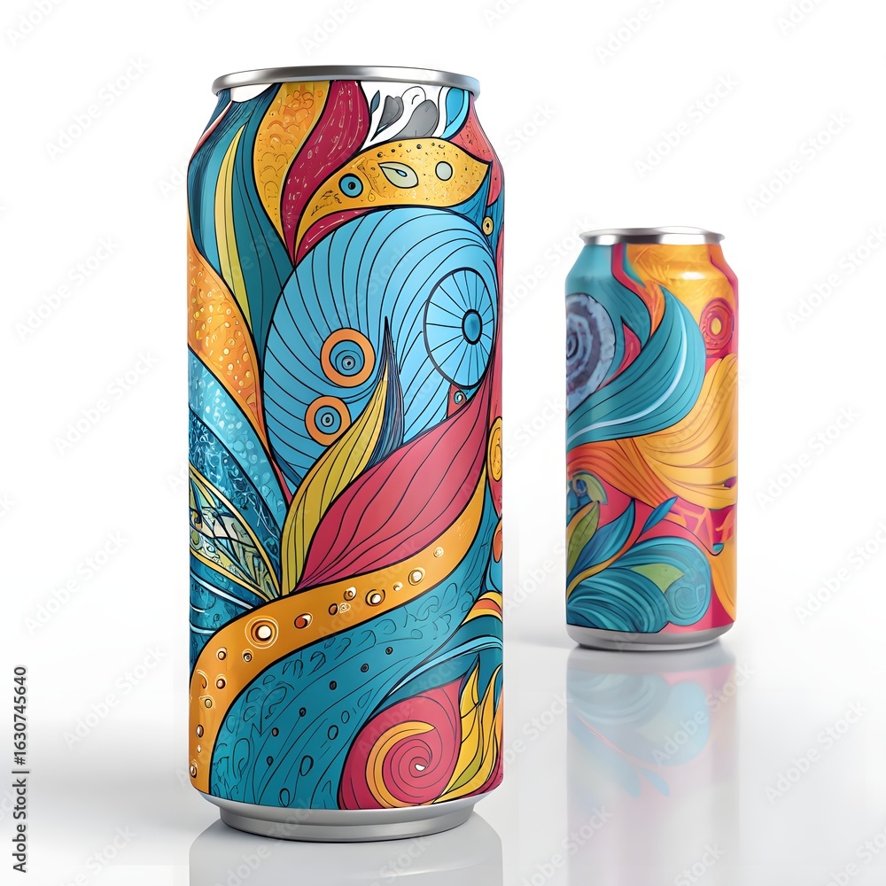 Fototapeta premium Colorful artistic beverage cans with psychedelic patterns