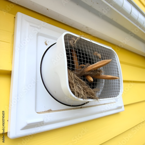 The exterior of a bright yellow house wall with a white dryer vent exposes the air vent which is clogged with hair, wood, and dirt in the mesh causing a fire hazard. The plastic unit guard is dirty.