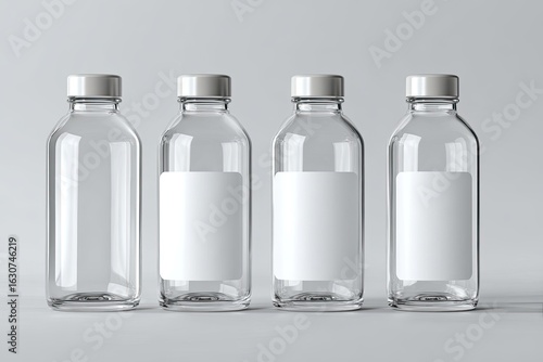 Four clear glass bottles, each with a white label, arranged in a row against a plain gray background