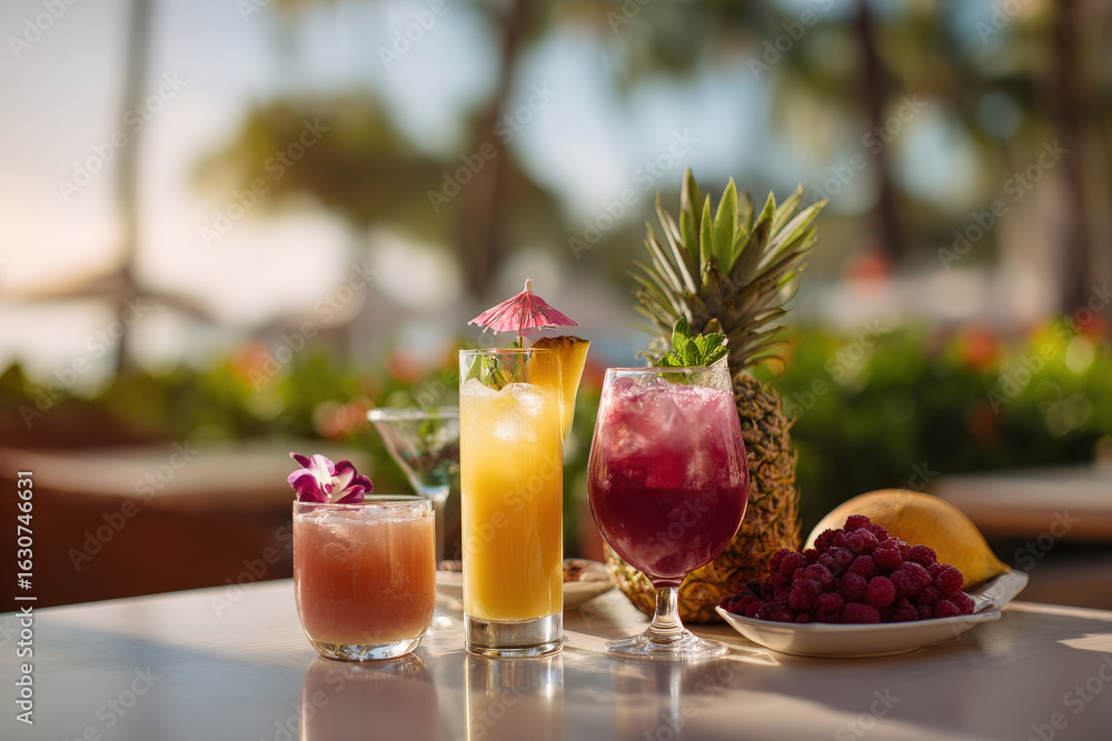 tropical paradise in hawaii featuring assortment of fresh fruits and colorful cocktails tropical paradise in hawaii featuring assortment of fresh fruits and colorful cocktails