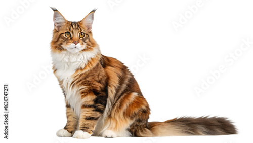 Majestic maine coon cat with striking tabby coat sits proudly against a stark black background