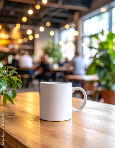 Empty white mug on wooden table, cafe background (1)