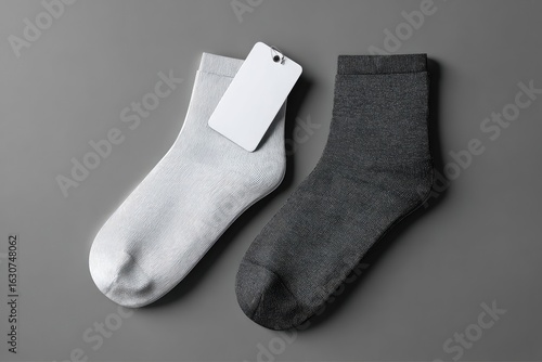 Two pairs of plain socks, one white and one gray, lie on a gray surface.  A blank white tag is attached to each sock