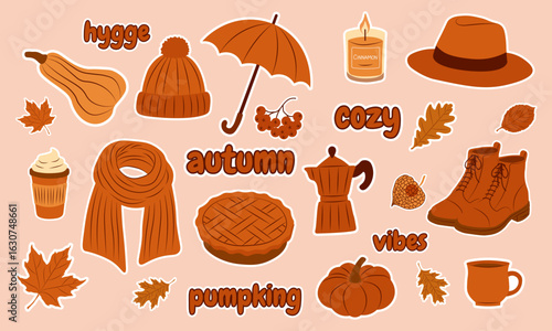 Autumn cozy sticker set. Cute fall elements for scrapbooking. Pumpkins, teapot, leaves, candle, pie. Ideal for fall season, social media, planner and harvest designs