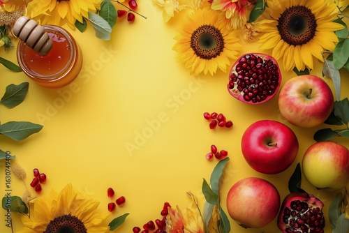 Bright Autumn Harvest With Sunflowers, Apples, Pomegranates, and Honey on Yel...