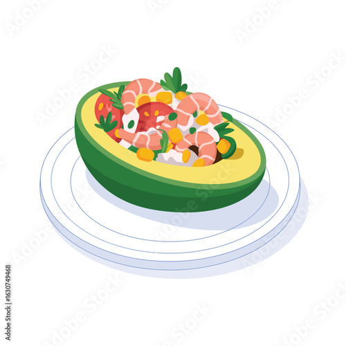 Fresh shrimp ceviche served in a ripe avocado half on a white plate