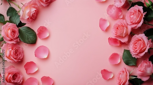 Delicate Pink Roses and Petals Arranged on a Soft Pink Background for Decorat...