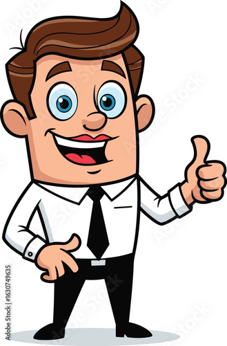 Cartoon businessman character, white shirt, black tie, confident smile, thumbs up, pointing gesture, blue eyes, professional pose, isolated vector